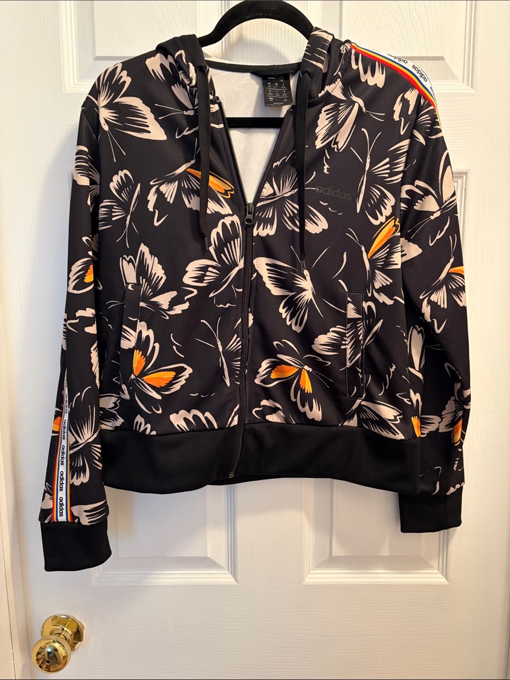 adidas farm rio Black Floral Zip-Front Bomber Jacket with Orange Accents